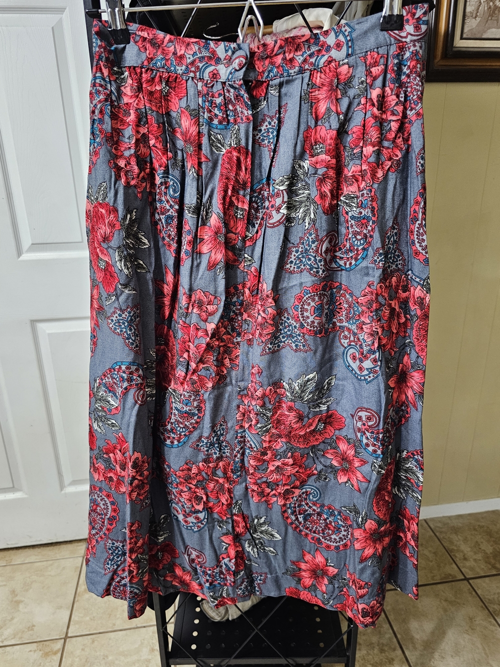 Floral Midi Skirt in Gray with Red Print, Made In The USA - Picture 3 of 8